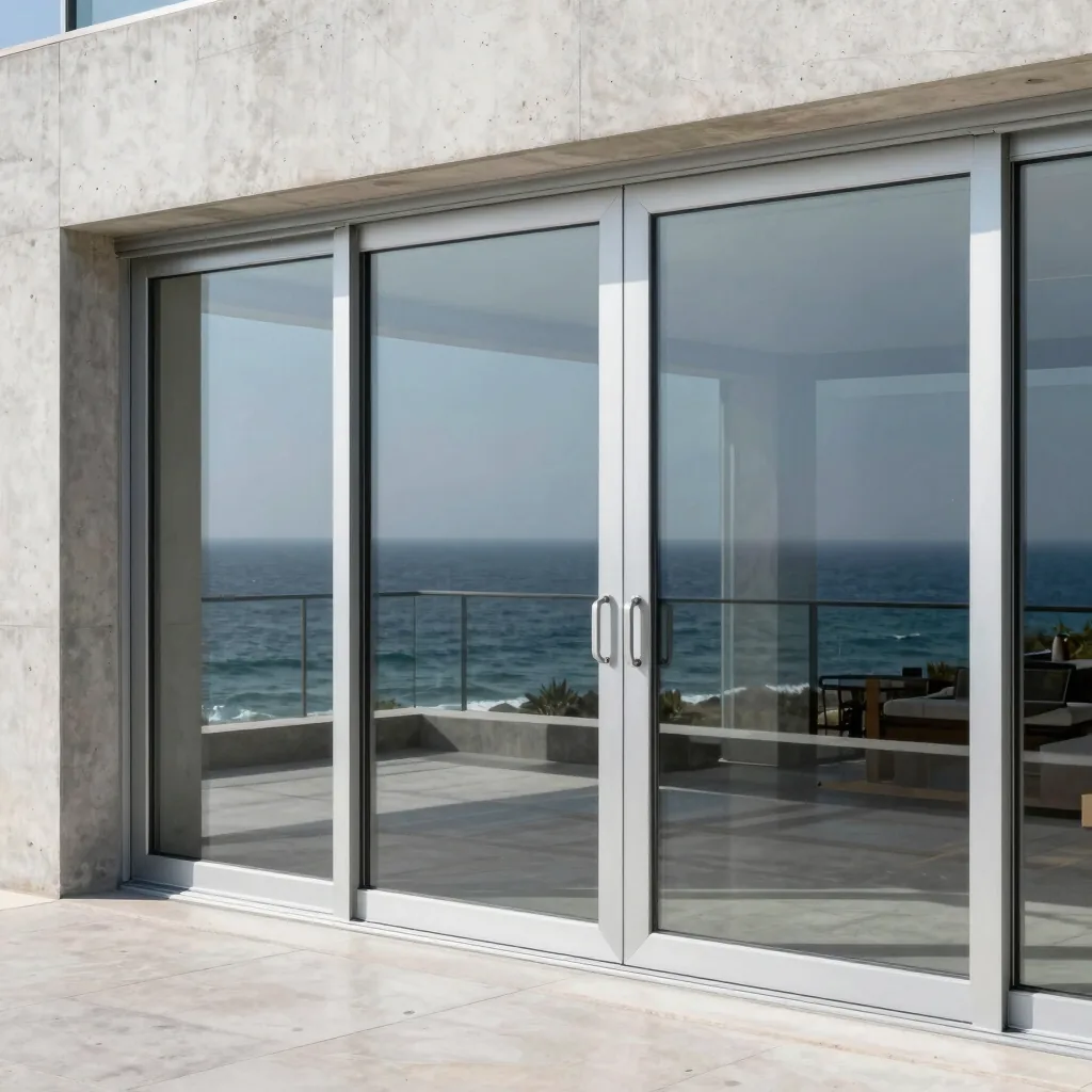 Puerta corrediza de aluminio de gran formato con vista al mar